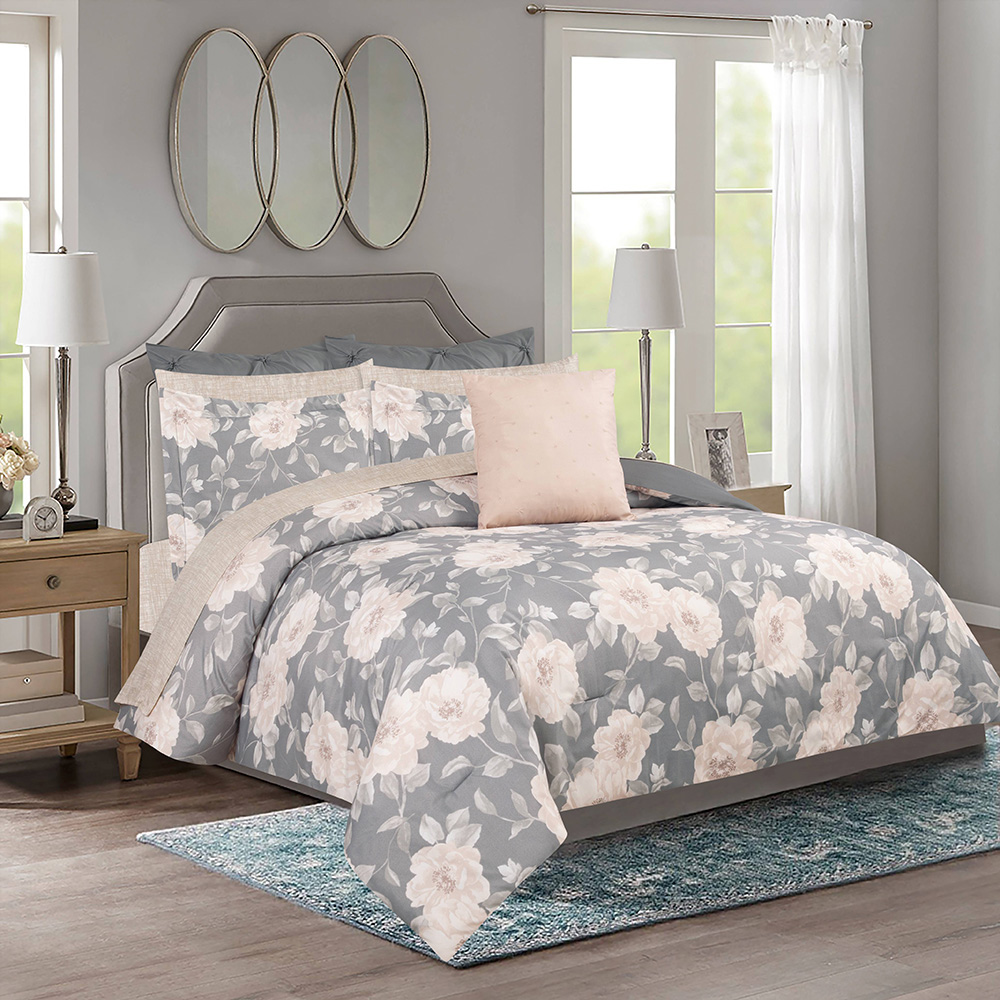 CHD 10pc Queen Comforter Set, Pauline Grey
