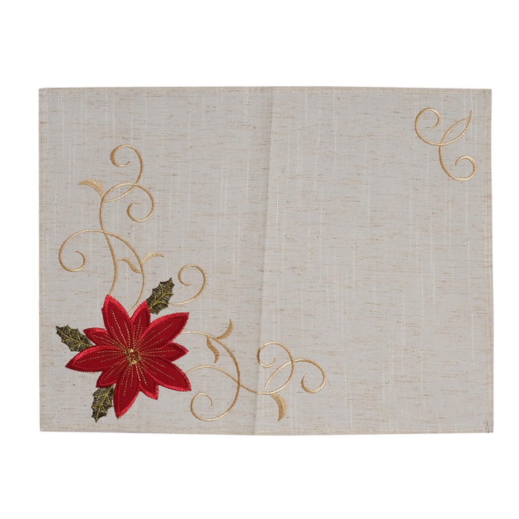 ****Miro Placemat and Table Runner Set, Poinsettia 13 x 70 In., Beige/ Red