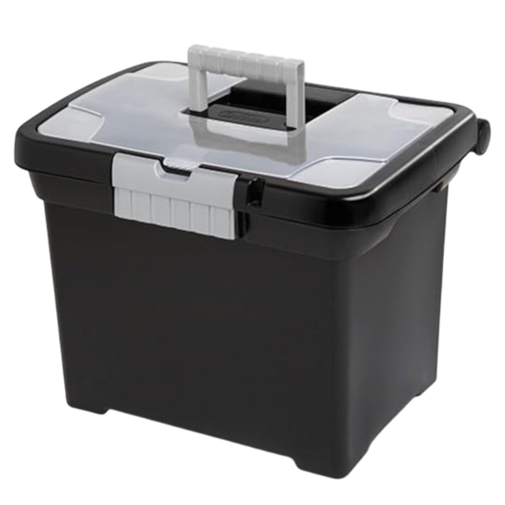 Sterilite Letter-Size Portable File Box with Handle and Divided Lid Storage Compartment, Black