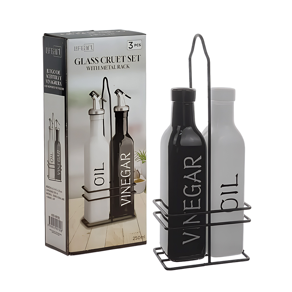 Life Art 2pc Glass Cruet Set with Metal Rack