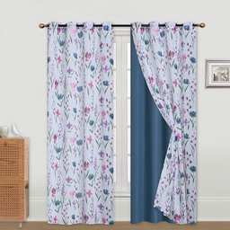[715-2PCS2 / 1458679 / CHBC32609] Classy Homes Blackout Curtain 2pc Set / 1pc Printed Dolly Sheer, 1pc Solid Microfiber