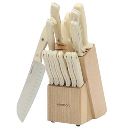[149201.14] Kenmore Kane 14 Piece Cutlery Set with Linen Block, Stainless Steel / Ecru