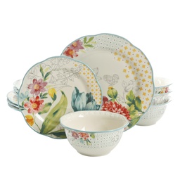 [PWF096881814009] The Pioneer Woman Blooming Bouquet 12 Piece Dinnerware Set, Decorated Stoneware
